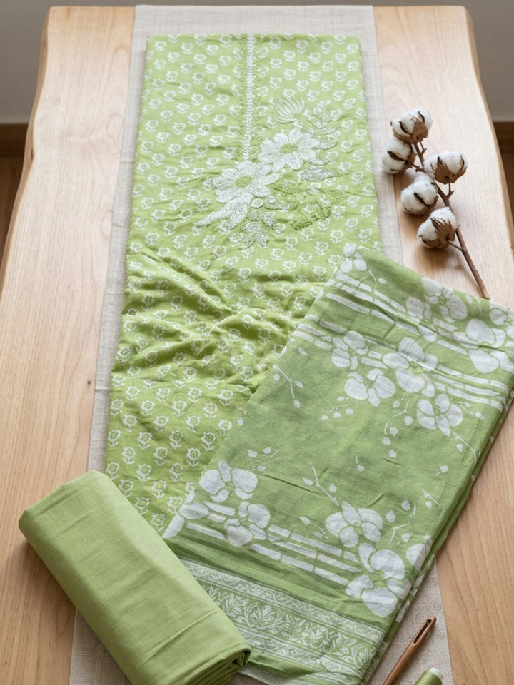 Printed Cotton Blend Unstitched Suit With Pant &amp; Dupatta