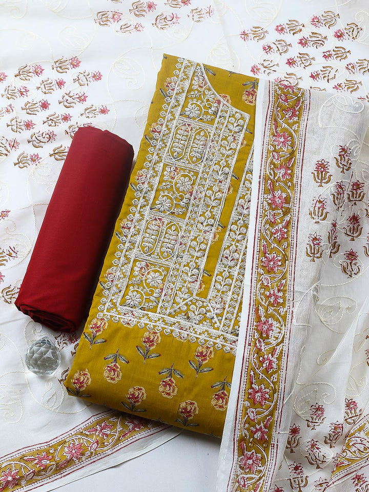 Printed Cotton Blend Unstitched Suit With Pant &amp; Dupatta