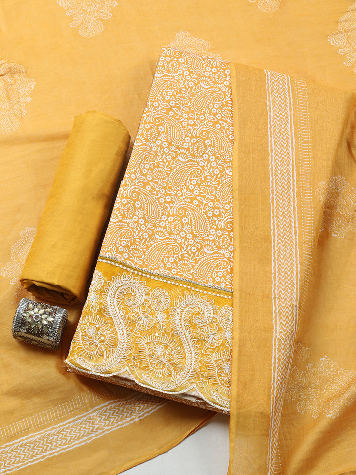Printed Cotton Blend Unstitched Suit With Pant &amp; Dupatta