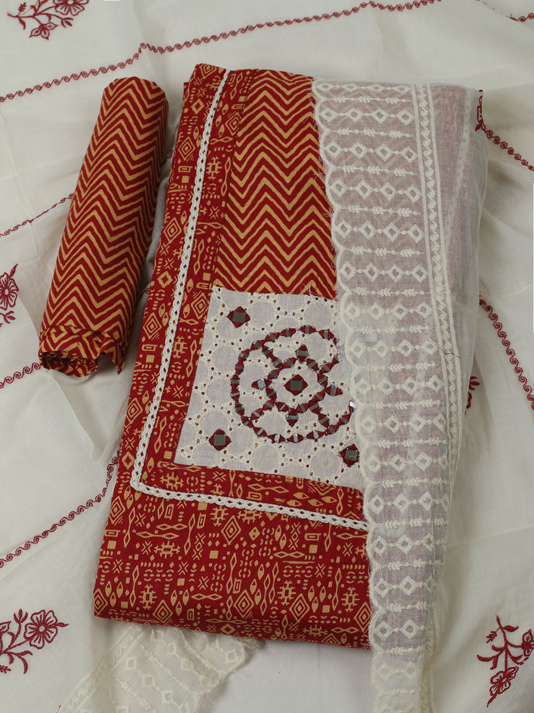 Printed Cotton Unstitched Kurta With Pant &amp; Dupatta