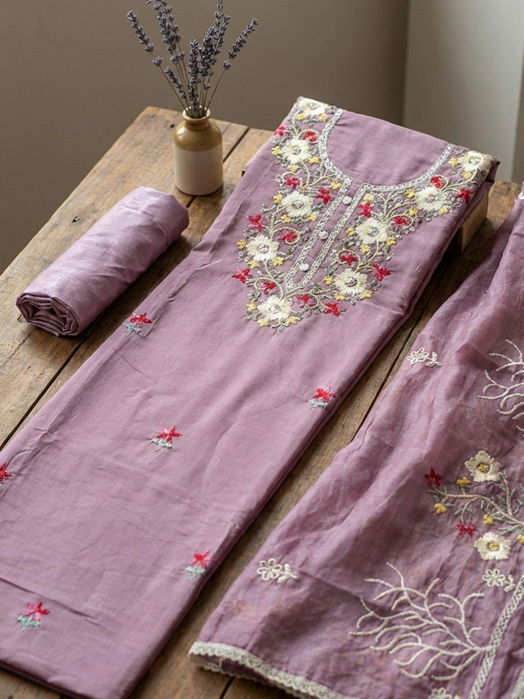 Embroidered Cotton Blend Unstitched Suit With Pant &amp; Dupatta