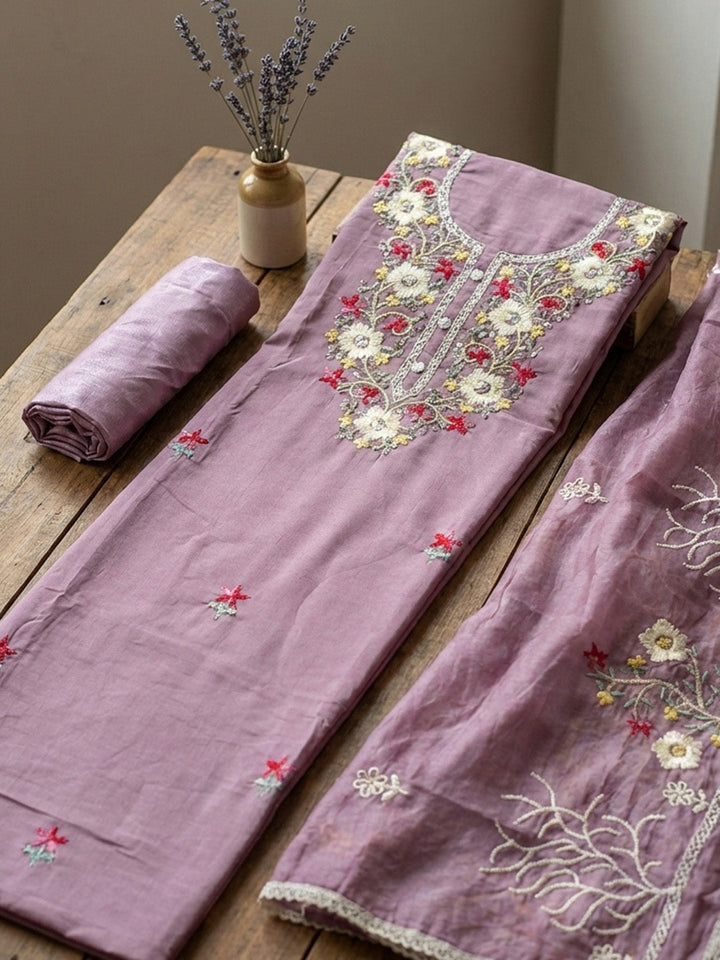 Embroidered Cotton Blend Unstitched Suit With Pant &amp; Dupatta