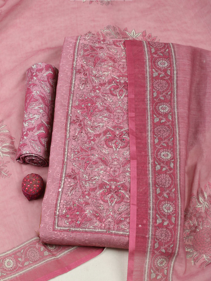Embroidered Chanderi Unstitched Suit With Pant &amp; Dupatta
