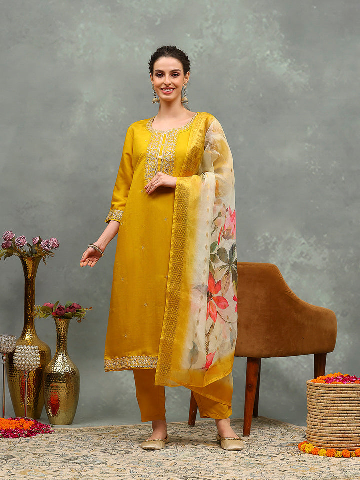Printed Embroidery Cotton Blend Kurta With Pants &amp; Dupatta
