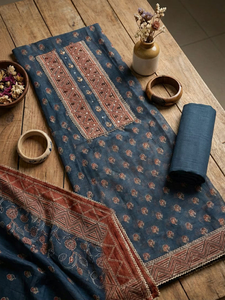 Printed Chanderi Unstitched Suit With Pant &amp; Dupatta