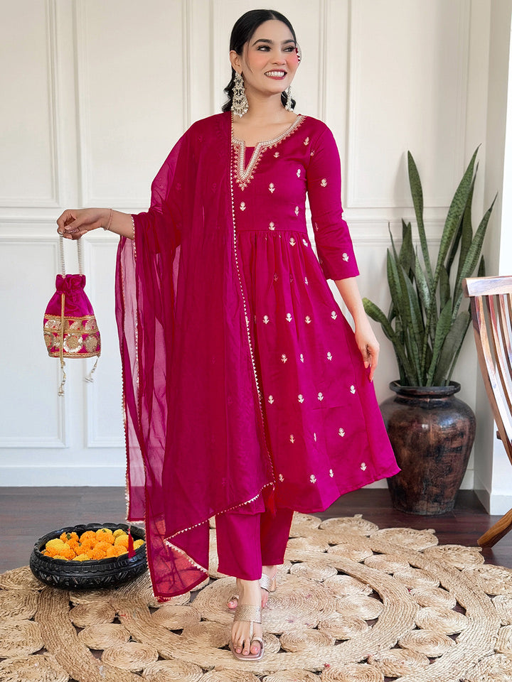 Neck Embroidery Cotton Blend Kurta With Pants &amp; Dupatta