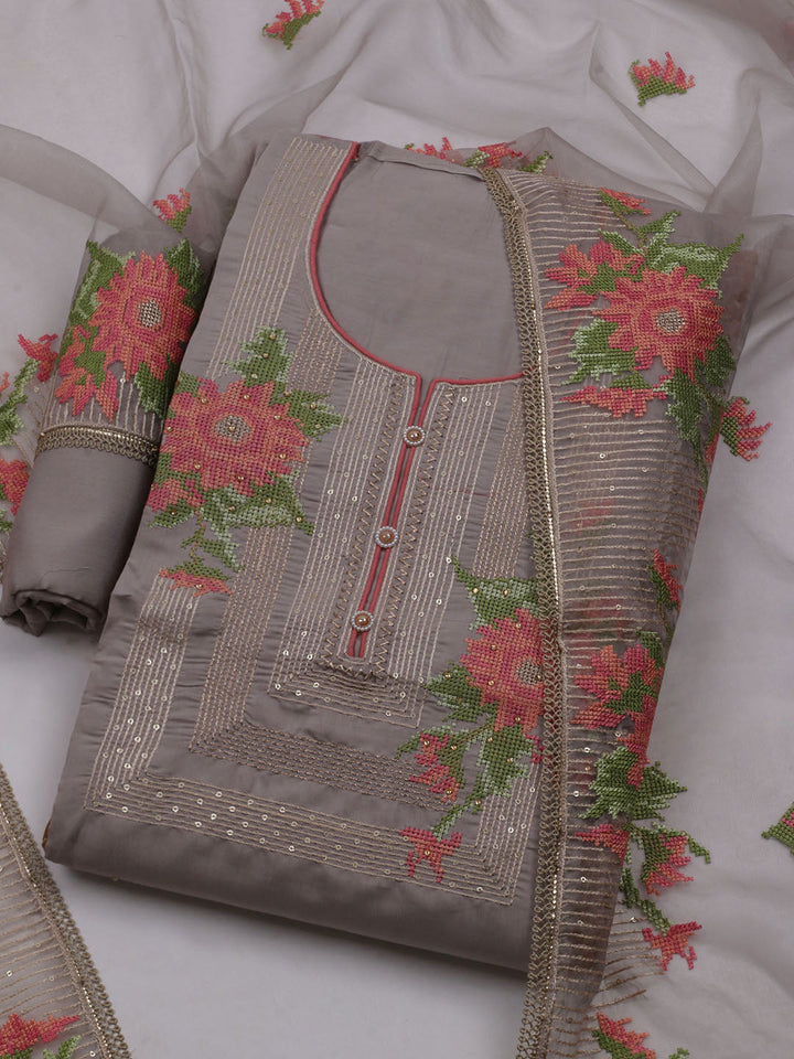 Neck Embroidered Chanderi Unstitched Suit With Dupatta