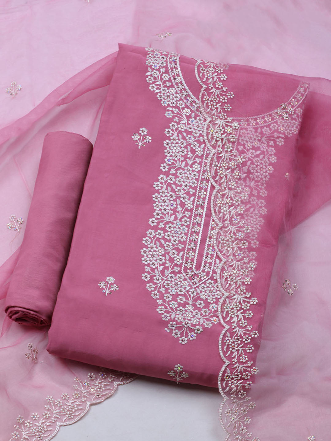 Embroidered Chanderi Unstitched Suit With Dupatta