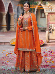 Embroidered Chinon Kurta With Plazzo & Dupatta