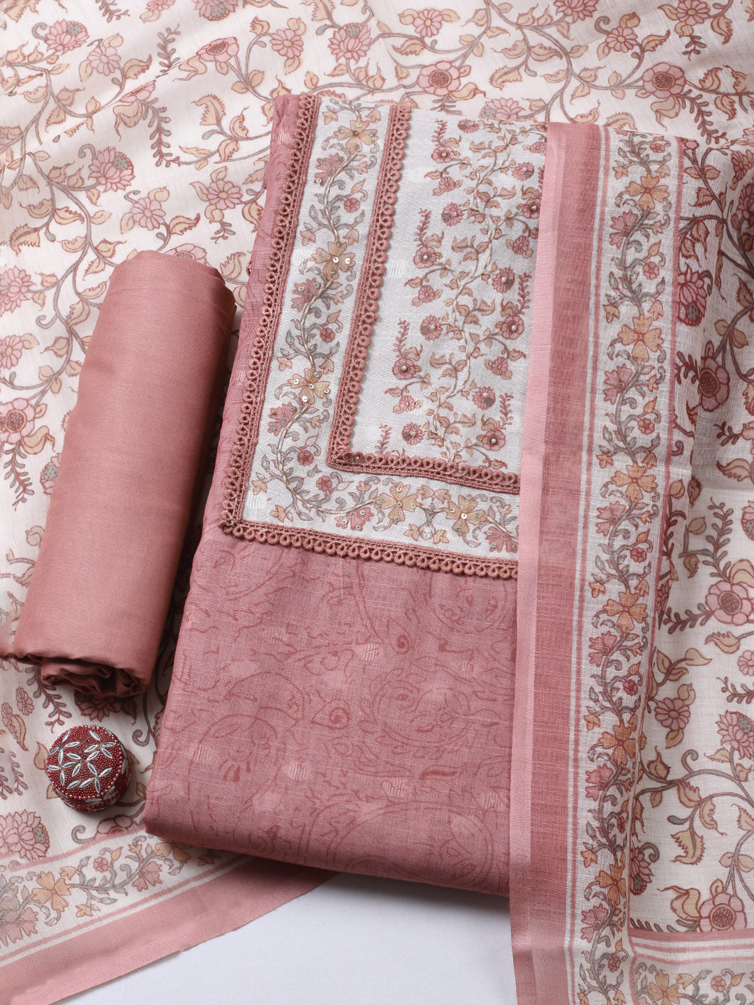 Embroidered Cotton Blend Unstitched Suit With Pant &amp; Dupatta