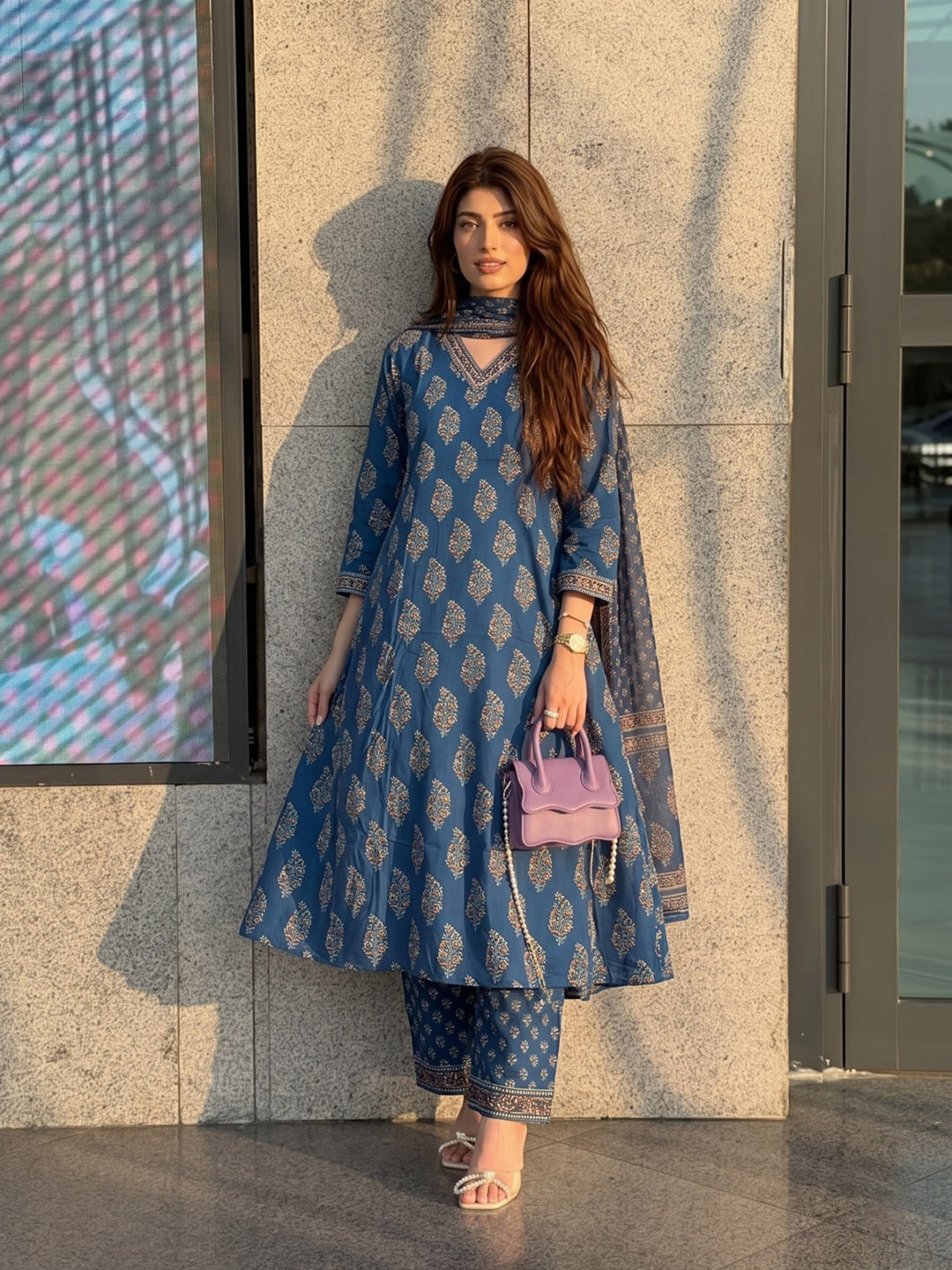 Blue Printed Cotton Blend Kurta With Pant &amp; Dupatta