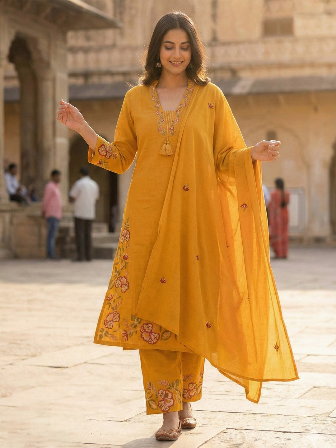 Embroidered Cotton Kurta With Pant &amp; Dupatta