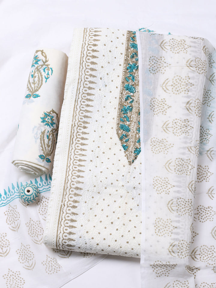 Printed Cotton Blend Unstitched Suit With Pant &amp; Dupatta