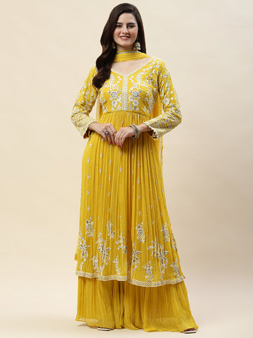 Sequin Embroidery Georgette Kurta With Sharara & Dupatta