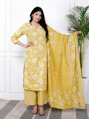 Printed Cotton Blend Kurta With Pants & Dupatta