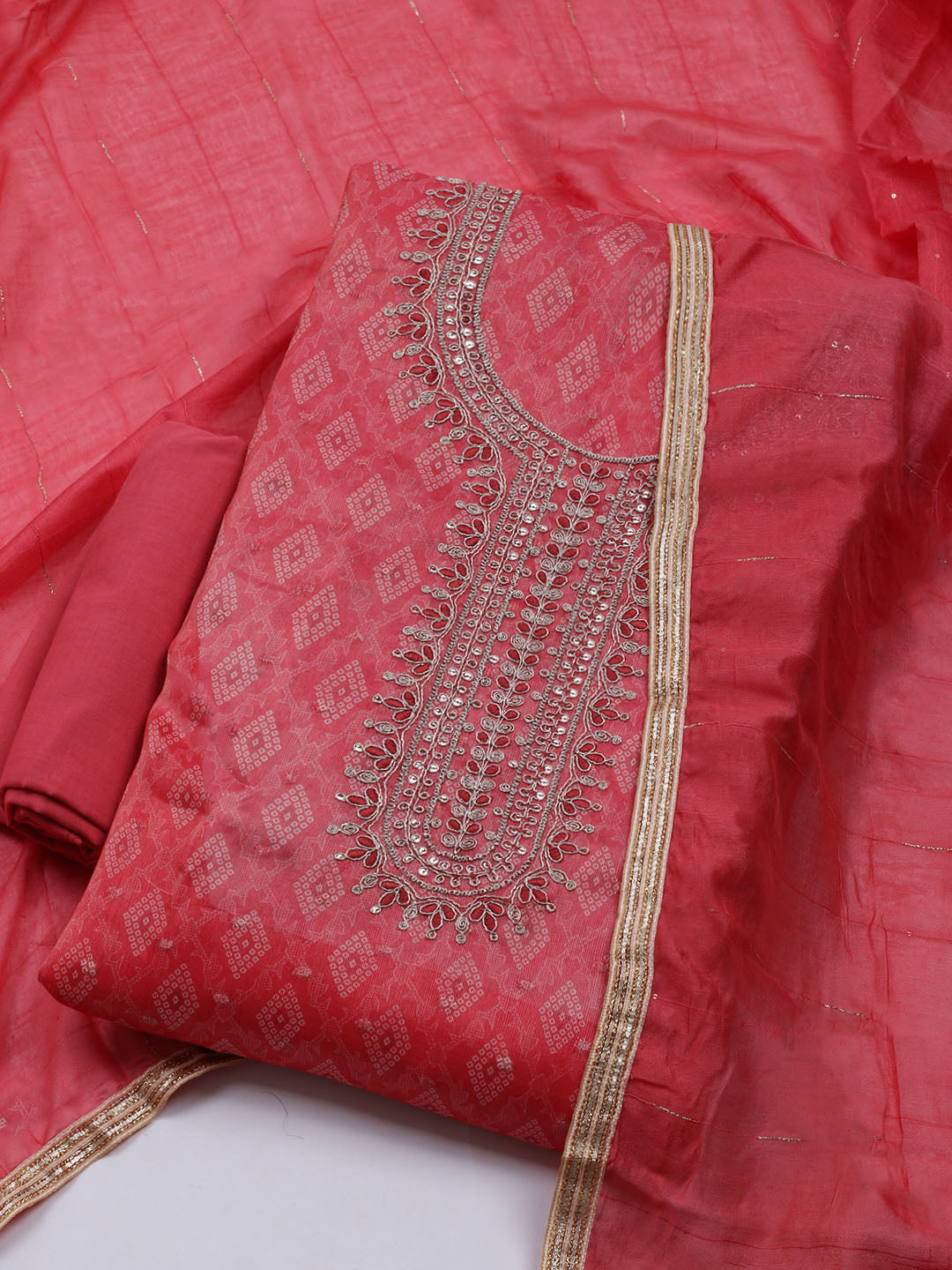 Neck Embroidered Chanderi Unstitched Suit With Dupatta
