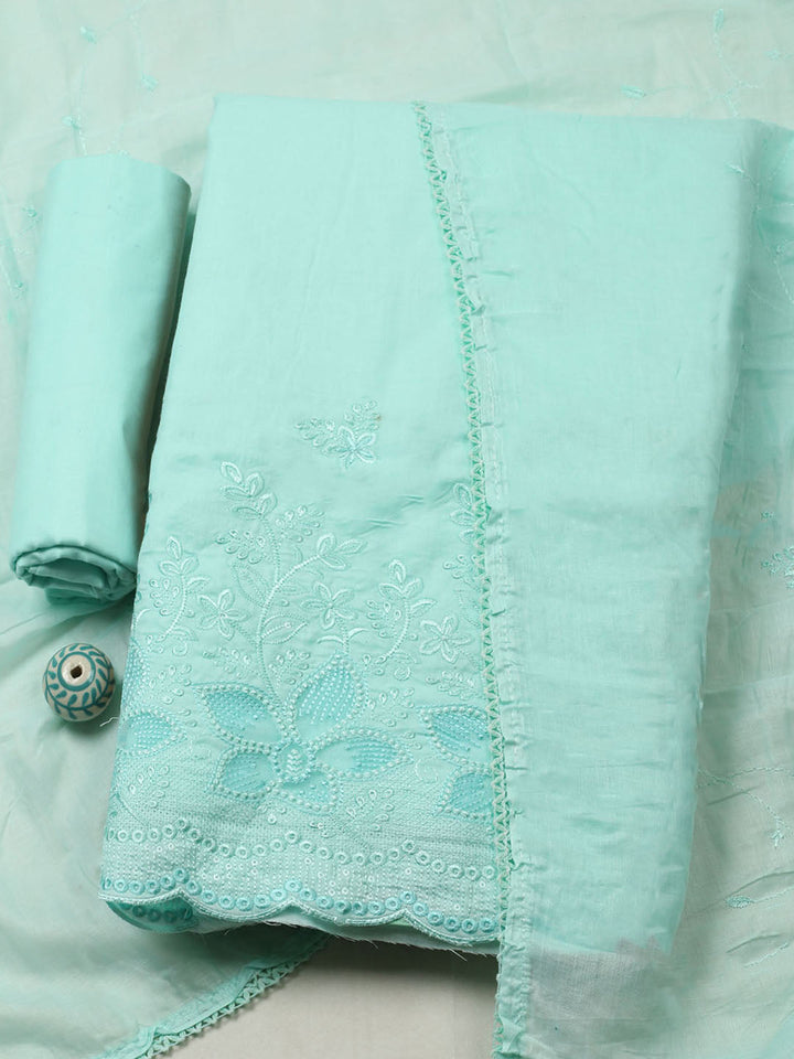 Embroidered Chanderi Unstitched Suit With Pant &amp; Dupatta