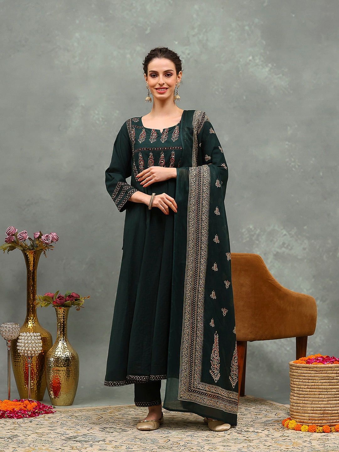 Embroidered Cotton Kurta With Pants &amp; Dupatta