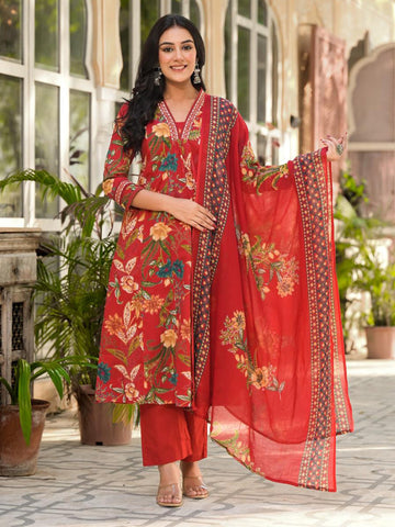 Digital Printed Cotton Blend Kurta With Pants & Dupatta