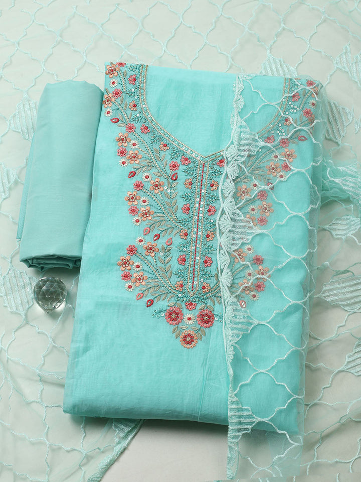 Embroidered Chanderi Unstitched Suit With Pant &amp; Dupatta