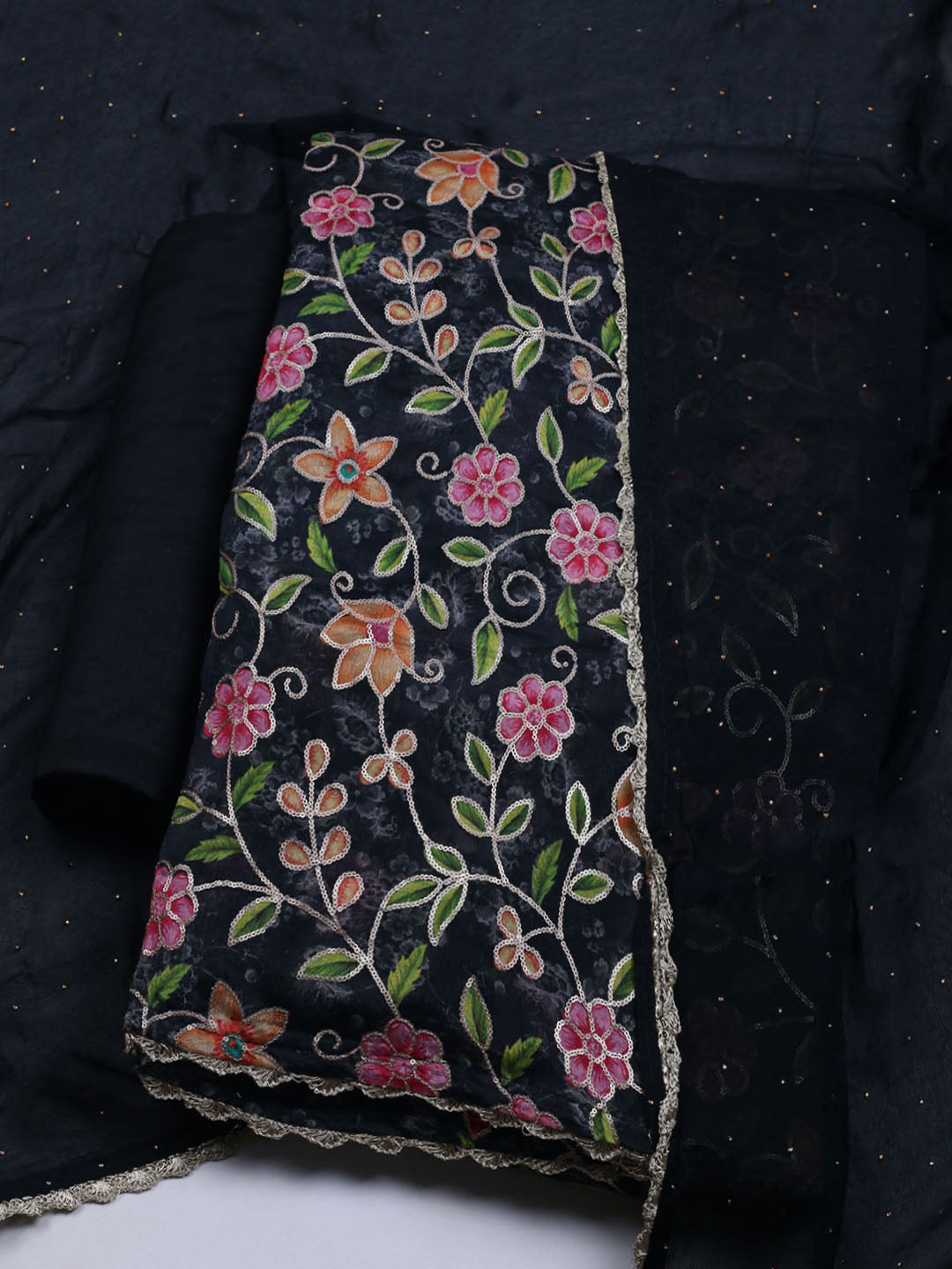 Neck Embroidered Chinnon Unstitched Suit With Dupatta