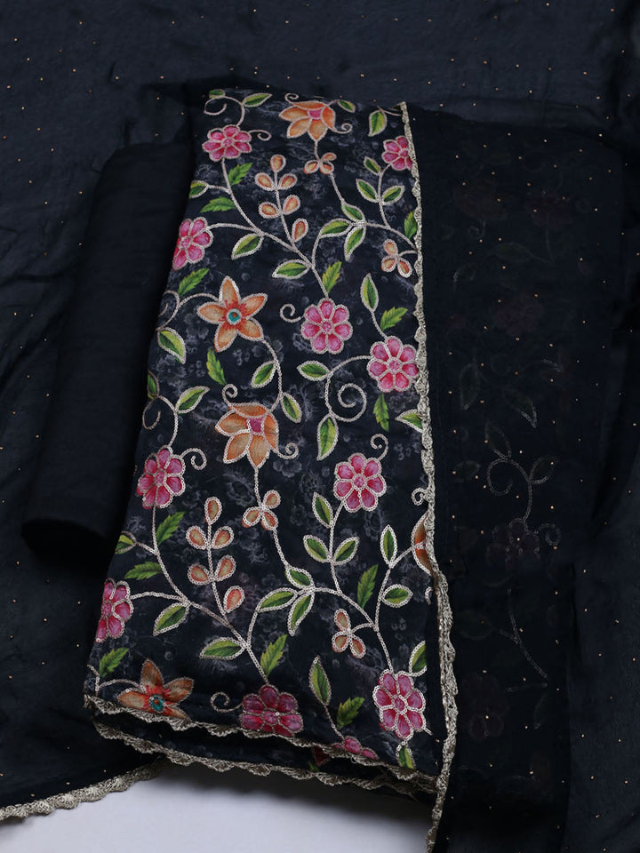 Neck Embroidered Chinnon Unstitched Suit With Dupatta