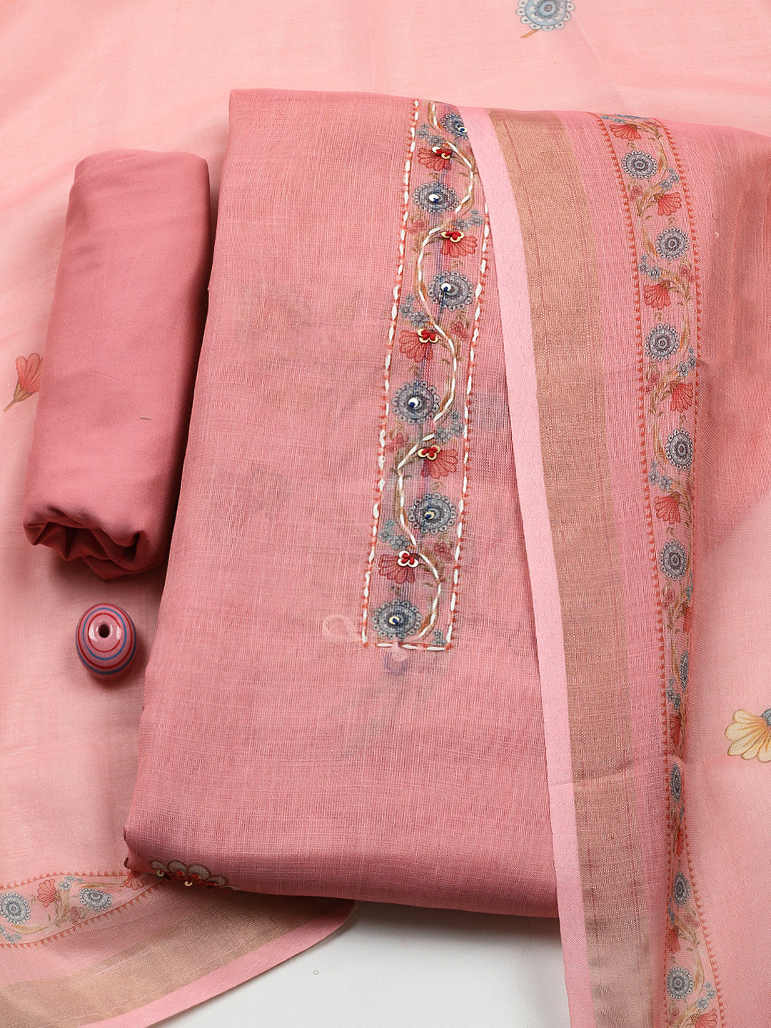 Embroidered Cotton Blend Unstitched Suit With Pant &amp; Dupatta