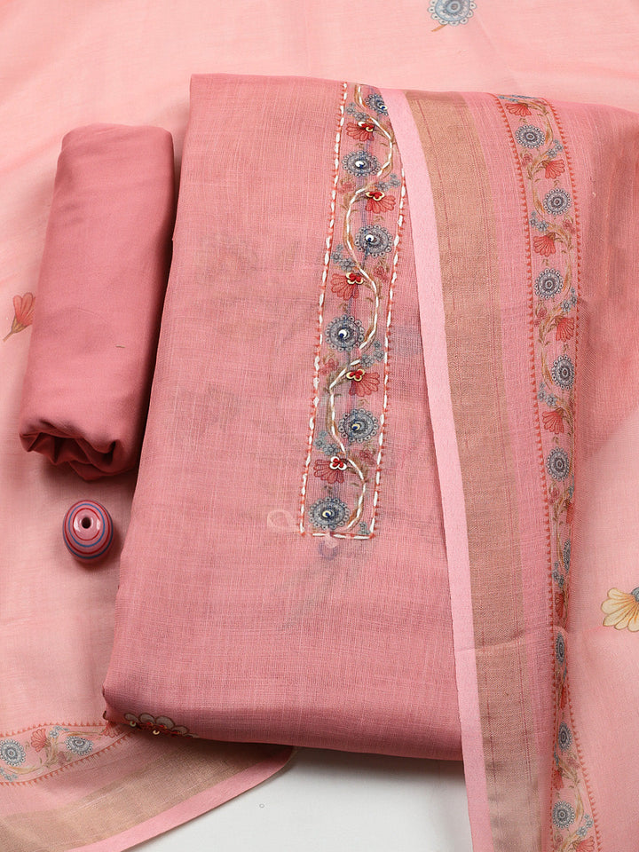 Embroidered Cotton Blend Unstitched Suit With Pant &amp; Dupatta