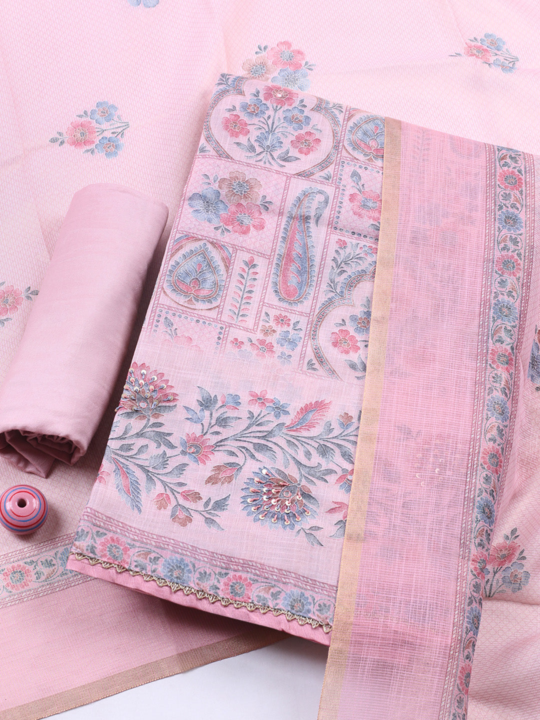Printed Linen Blend Unstitched Suit With Pant &amp; Dupatta