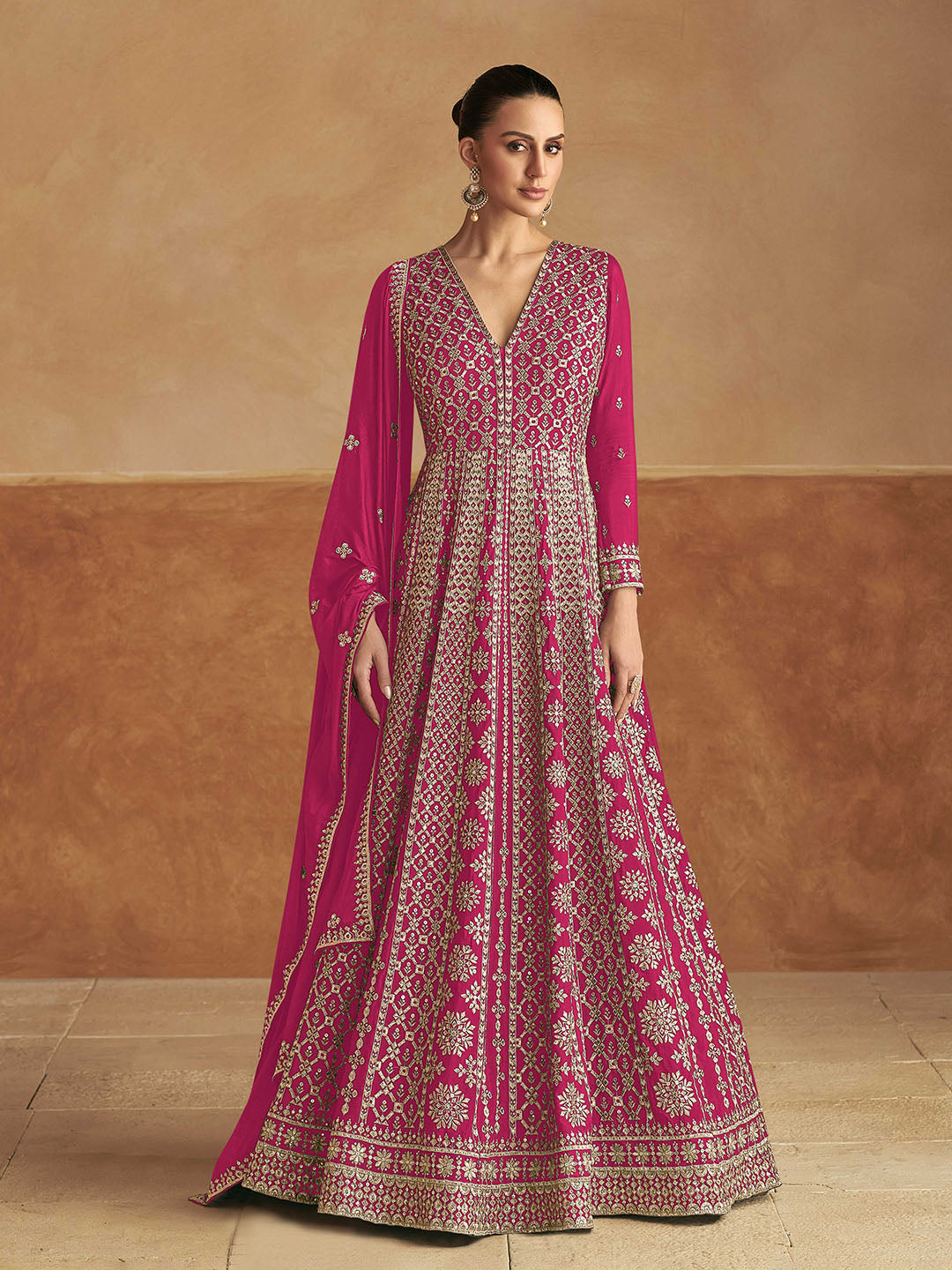 Embroidered Chinon A Line Gown With Dupatta