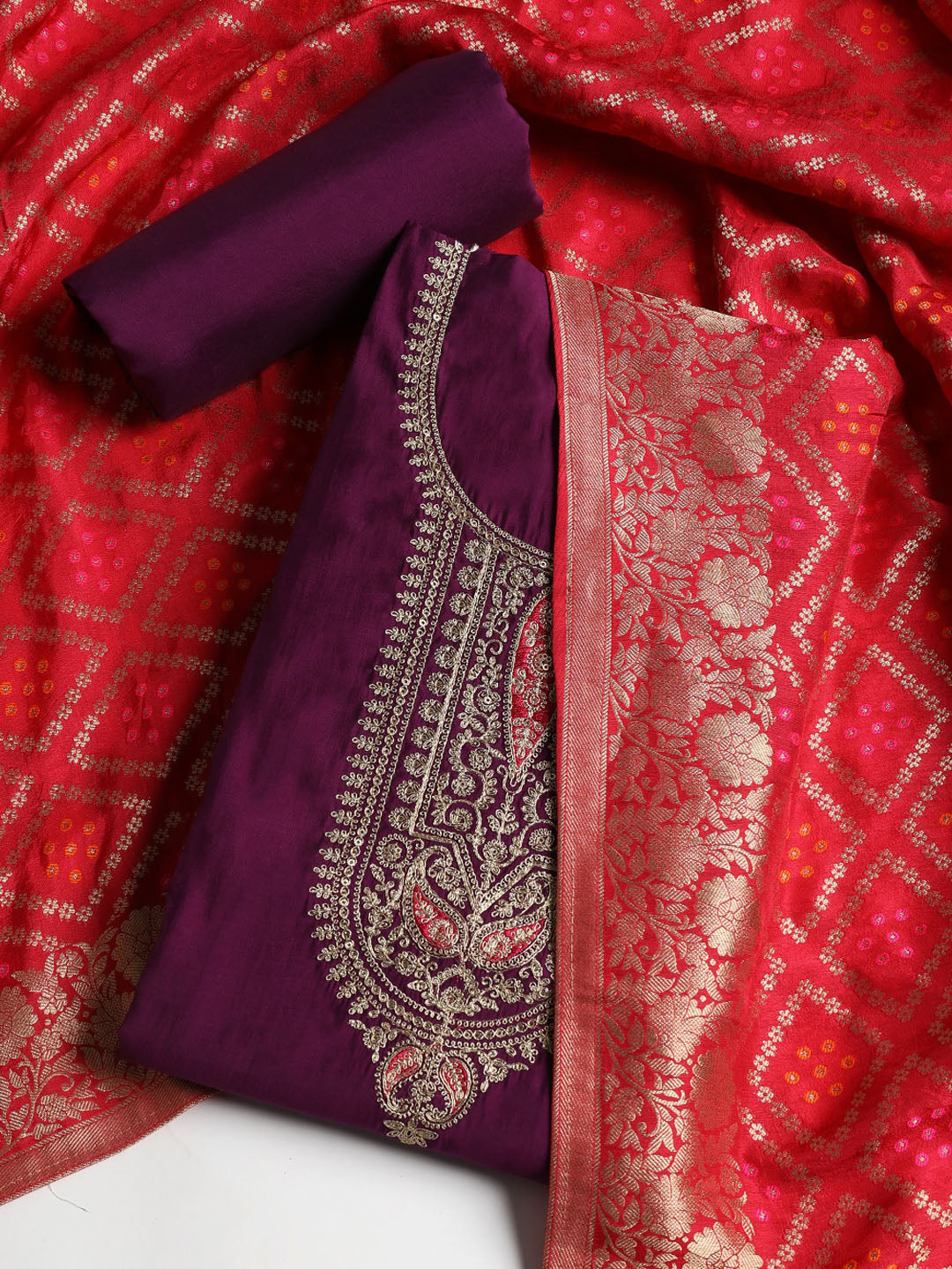 Embroidered Chanderi Unstitched Suit With Dupatta