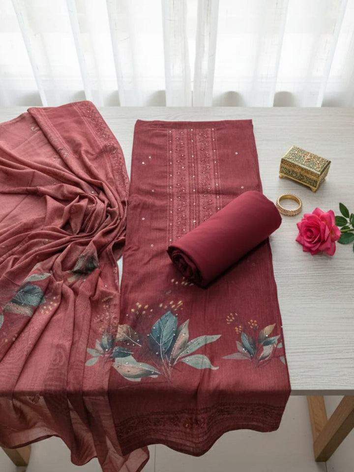 Printed Chanderi Unstitched Suit With Pant &amp; Dupatta