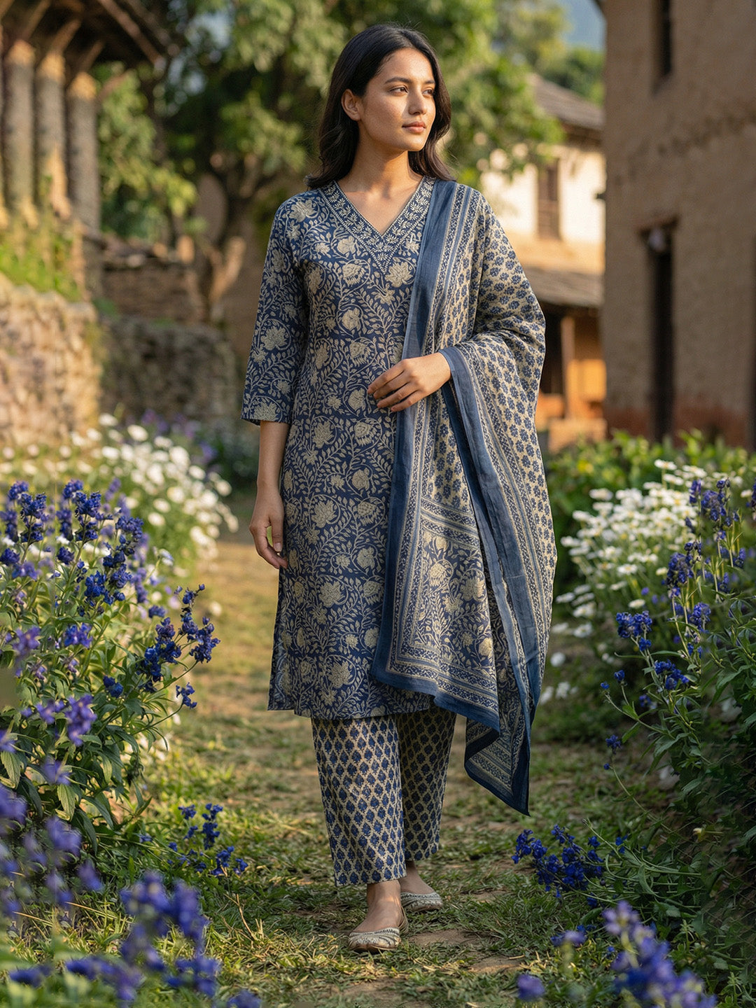 Printed Cotton Blend Kurta With Pant &amp; Dupatta