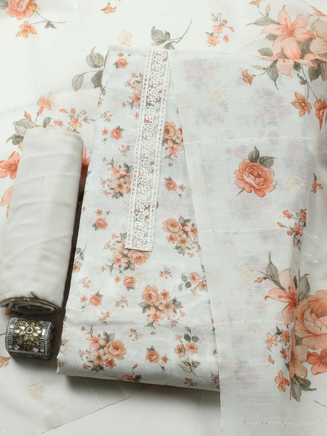 Embroidered Linen Blend Unstitched Suit With Pant &amp; Dupatta