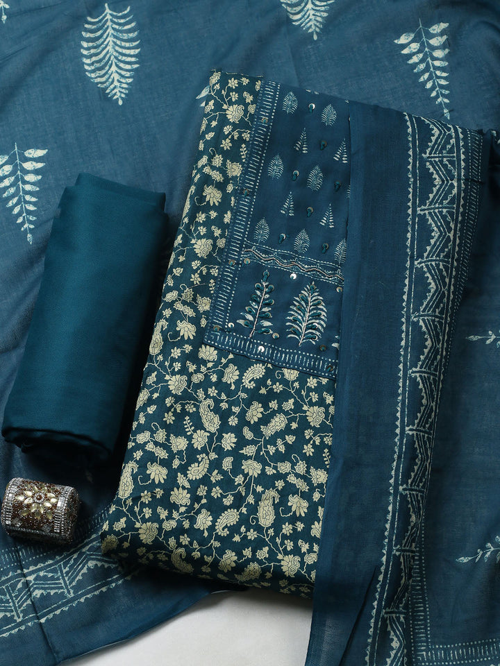 Printed Cotton Blend Unstitched Suit With Pant &amp; Dupatta