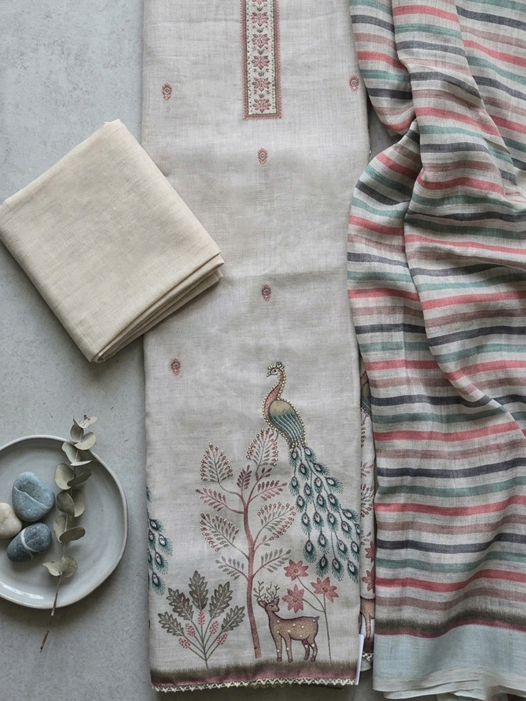 Printed Cotton Blend Unstitched Suit With Pant &amp; Dupatta
