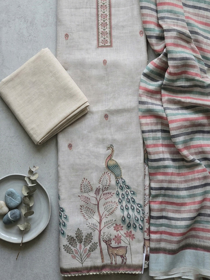 Printed Cotton Blend Unstitched Suit With Pant &amp; Dupatta