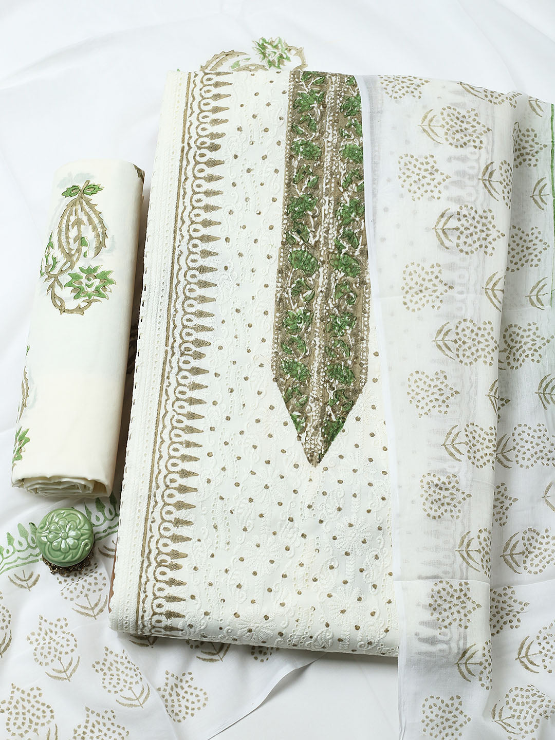 Printed Cotton Blend Unstitched Suit With Pant &amp; Dupatta