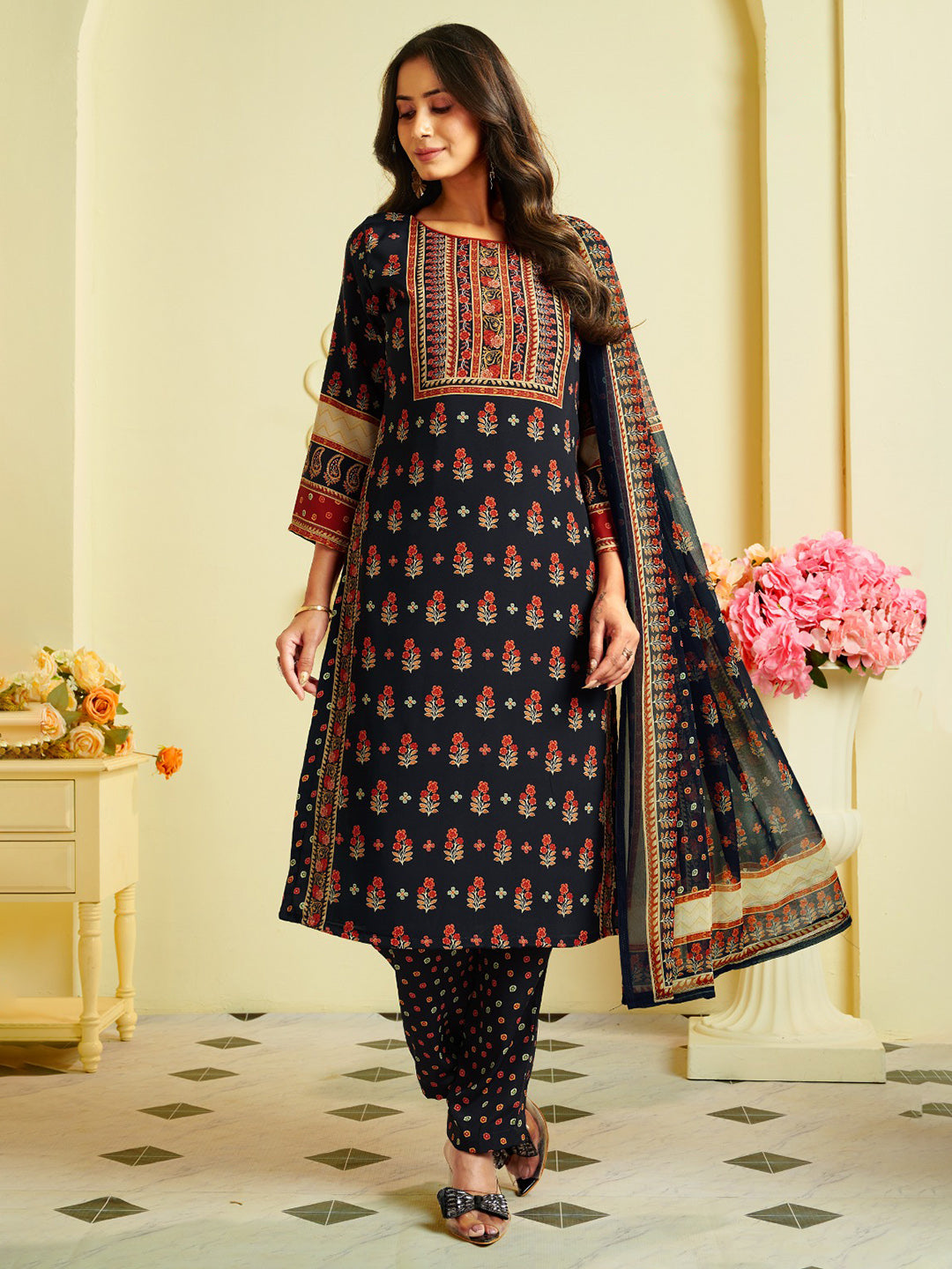 Printed Crepe Unstitched Suit With Pant &amp; Dupatta