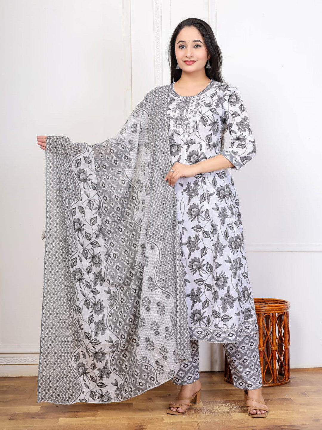 Grey Embroidered Cotton Blend Straight Suit Set With Dupatta
