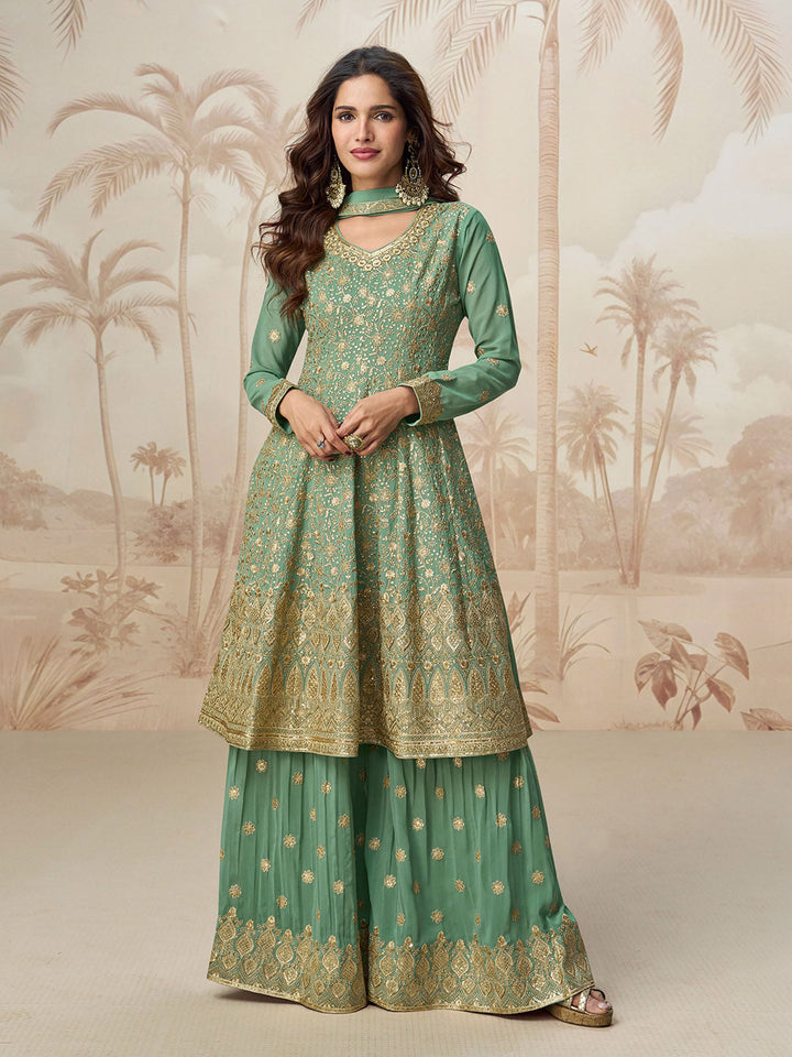 Embroidered Georgette Kurti With Sharara &amp; Dupatta