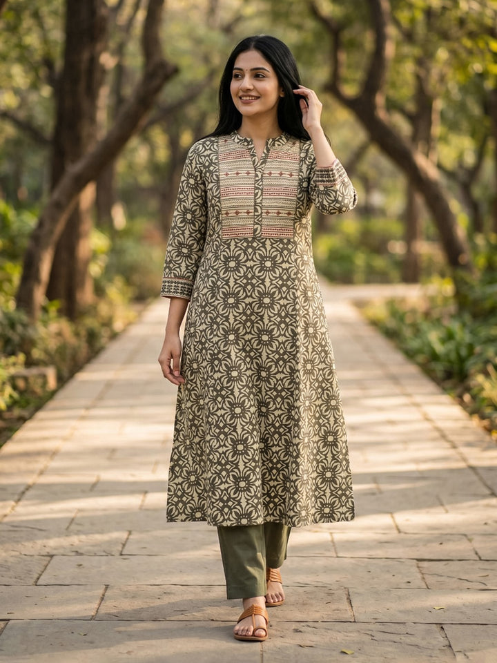 Embroidered Cotton Blend Kurta With Pant &amp; Dupatta