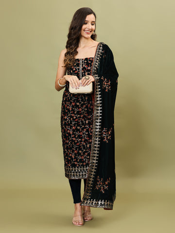 Neck Embroidered Velvet Unstitched Suit Piece With Dupatta