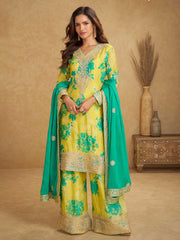 Embroidered Chinon Kurta With Plazzo & Dupatta