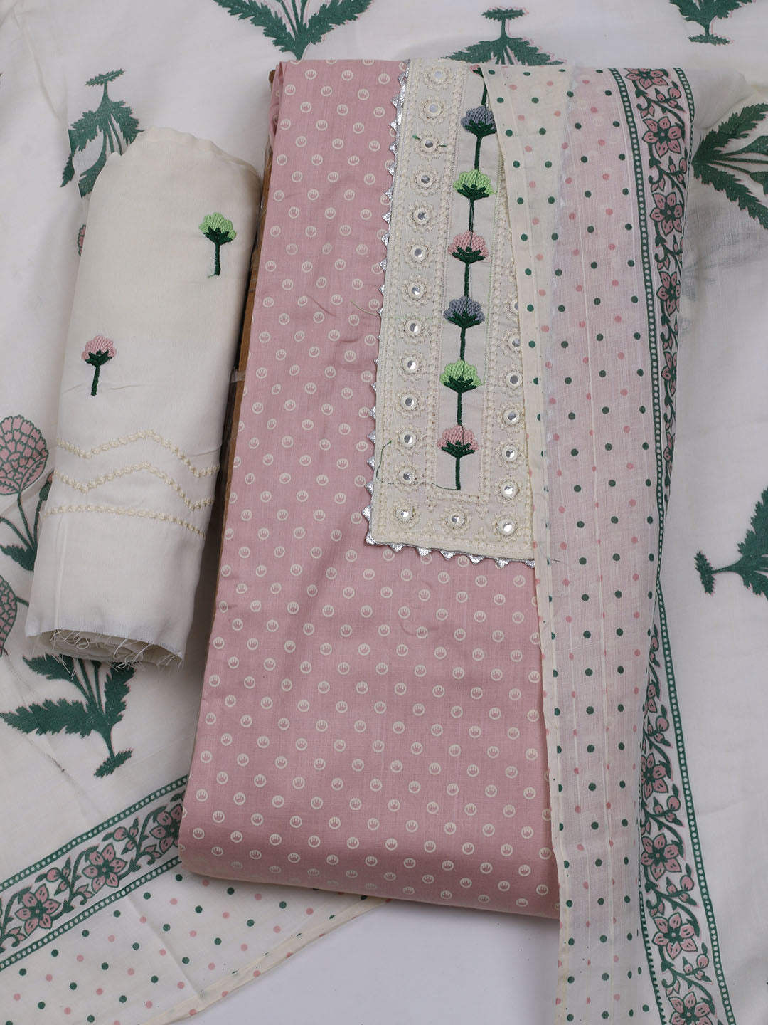 Neck Embroidered & Printed Cotton Blend Unstitched Suit With Dupatta
