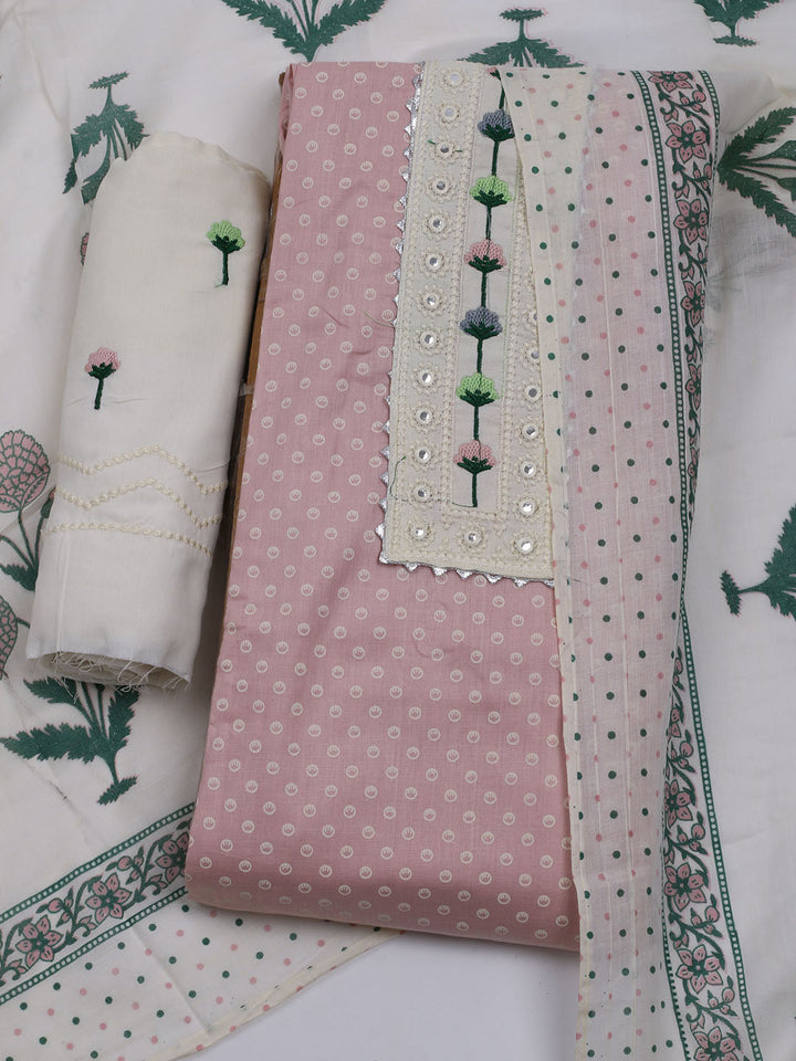 Neck Embroidered &amp; Printed Cotton Blend Unstitched Suit With Dupatta