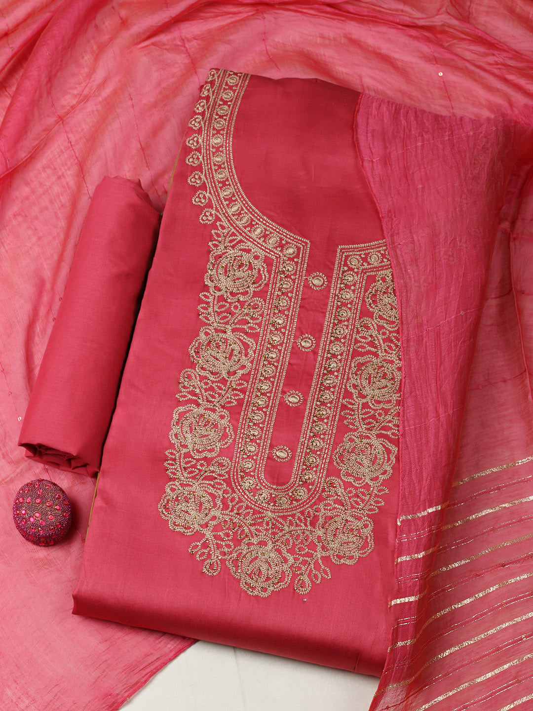 Embroidered Chanderi Unstitched Suit With Pant &amp; Dupatta