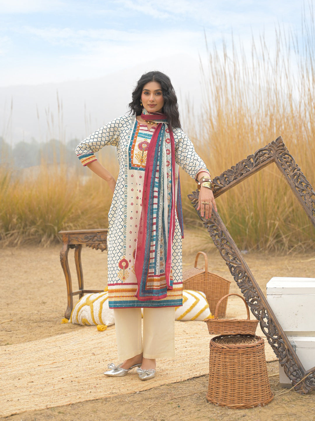 Printed Cotton Blend Kurta With Pant &amp; Dupatta