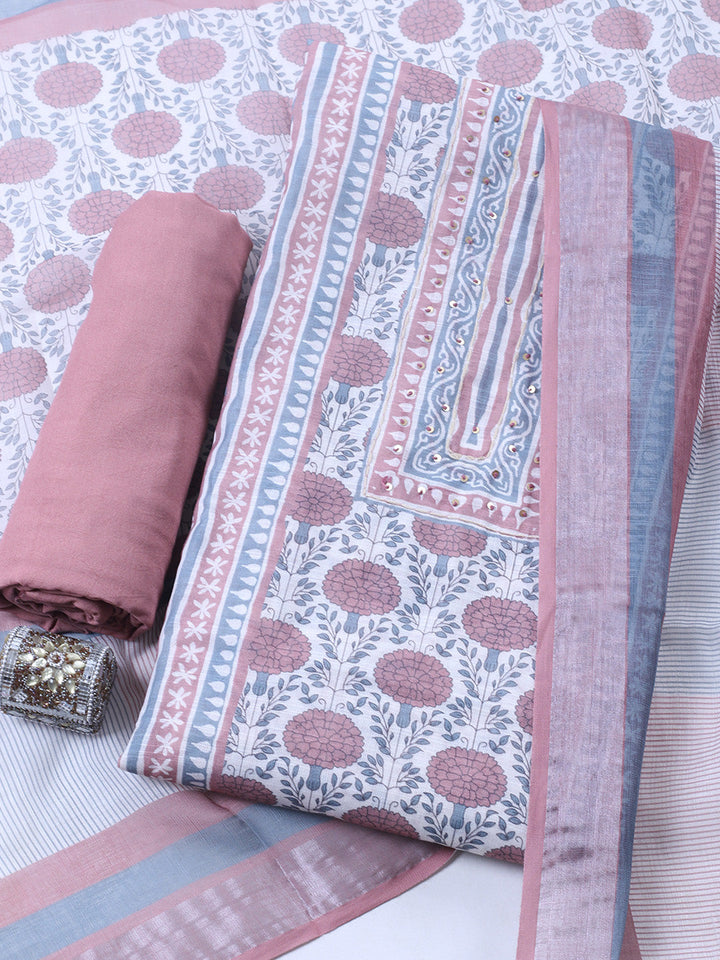 Printed Linen Blend Unstitched Suit With Pant &amp; Dupatta