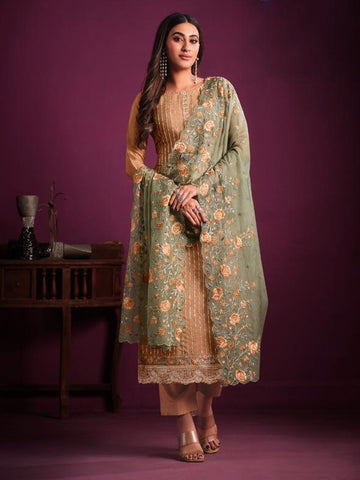 Sequin Embroidered Chinnon Unstitched Suit Piece With Dupatta